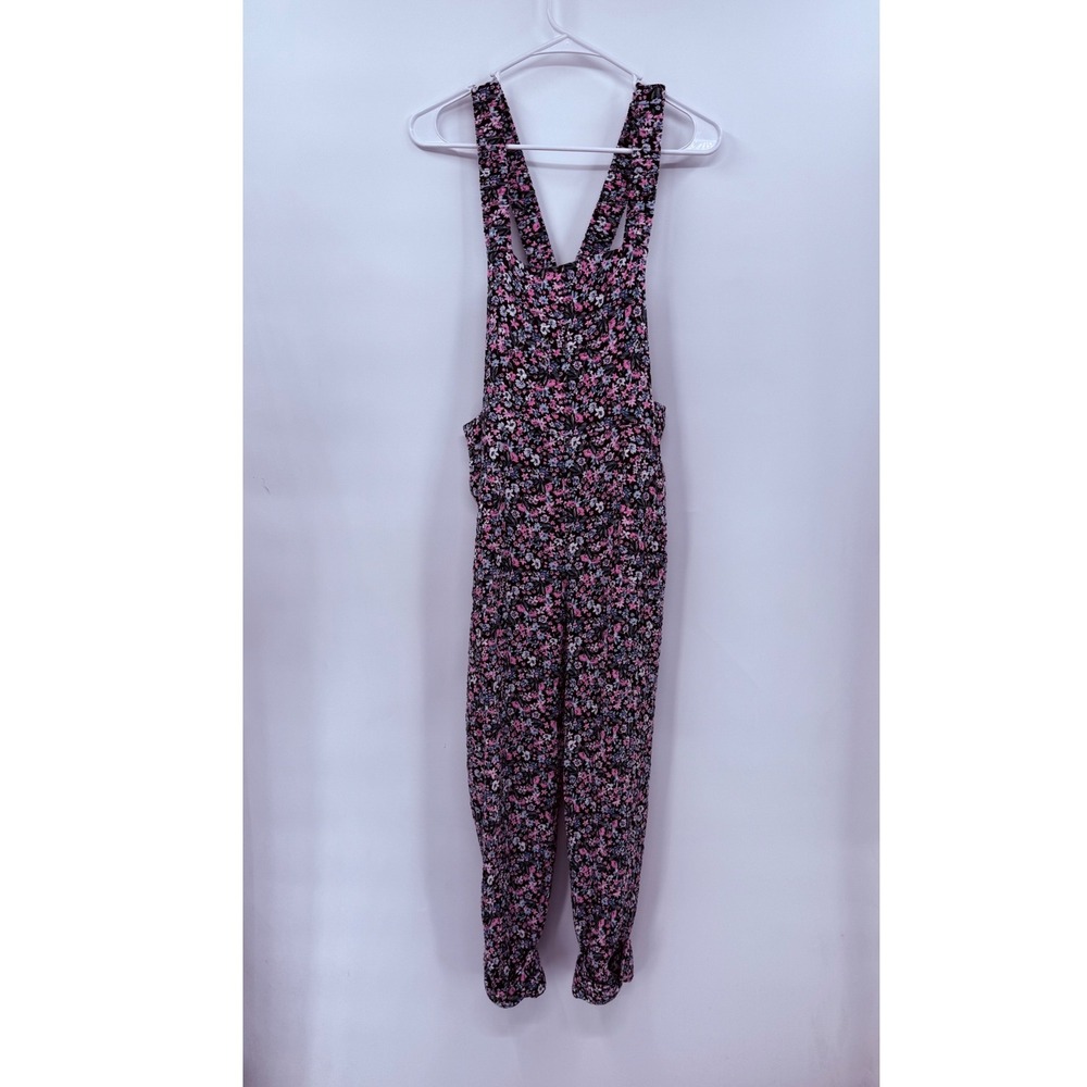 Zara Small Overalls Womens Black Pink Floral Print Side Button Jumpsuit Cotton